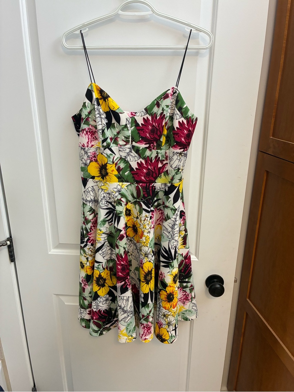 Suzy Shier Floral Spaghetti-Strap Sundress in White, Yellow, Green, Pink